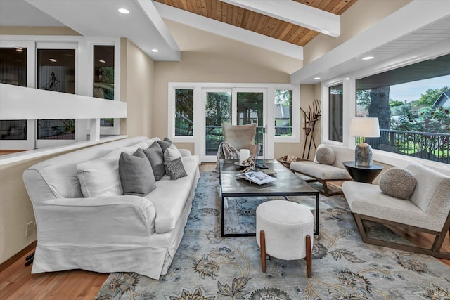 living area with recessed lighting, wood finished floors, wooden ceiling, and vaulted ceiling with beams