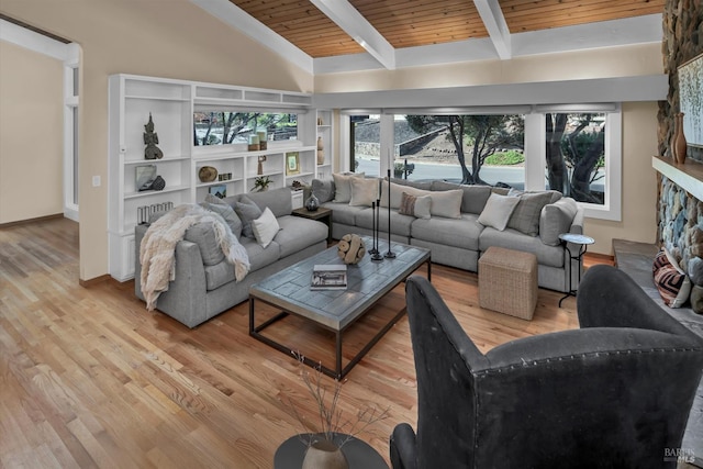 living area featuring baseboards, wood ceiling, vaulted ceiling with beams, and light wood finished floors