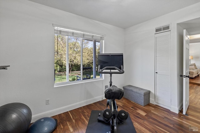 exercise room featuring wood finished floors, a healthy amount of sunlight, visible vents, and baseboards