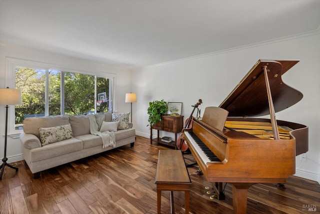 living room with wood finished floors, ornamental molding, and baseboards
