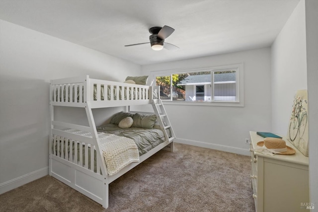bedroom featuring carpet, ceiling fan, and baseboards