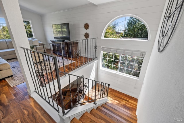 staircase with lofted ceiling, baseboards, wood finished floors, and plenty of natural light