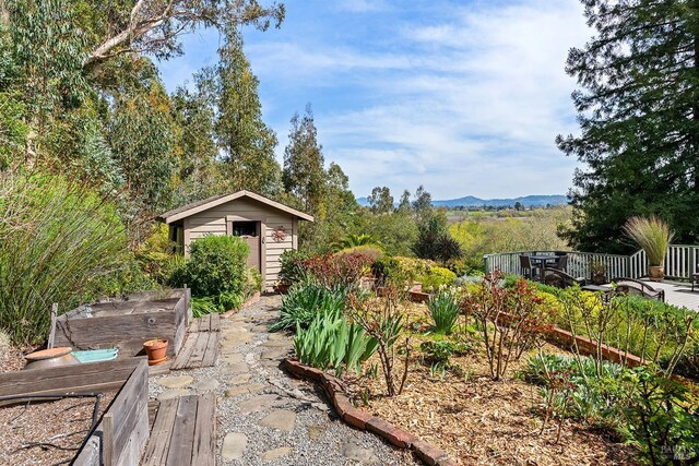 view of yard featuring an outbuilding and a deck with mountain view