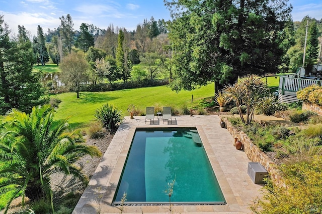 pool with a lawn, a patio area, and fence