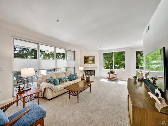 living room with carpet, visible vents, and baseboards