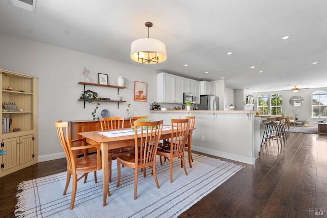 dining area featuring a ceiling fan, visible vents, recessed lighting, and wood finished floors