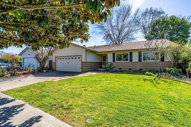 single story home featuring crawl space, driveway, a front lawn, and an attached garage