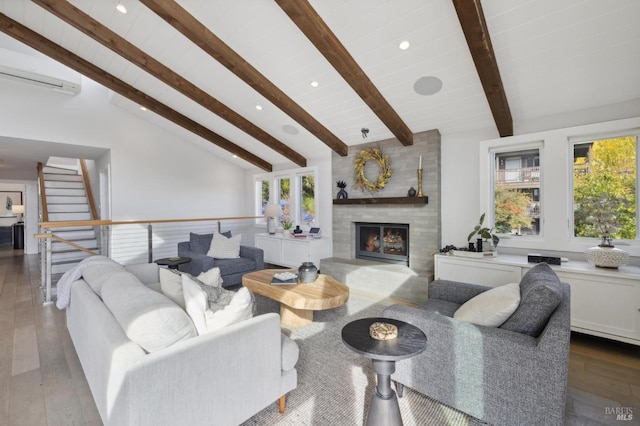 35 Bernard St, Mill Valley, CA 94941 - living room featuring an AC wall unit, wood finished floors, stairway, a fireplace, and recessed lighting