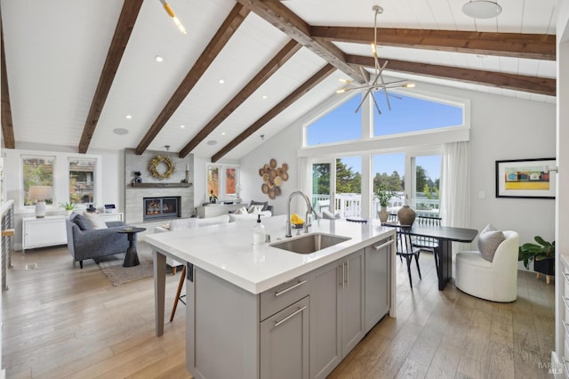 35 Bernard St, Mill Valley, CA 94941 - kitchen with a sink, gray cabinets, beam ceiling, open floor plan, and light wood finished floors