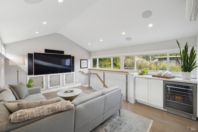 35 Bernard St, Mill Valley, CA 94941 - living area with wine cooler, lofted ceiling, light wood finished floors, recessed lighting, and a wall mounted AC