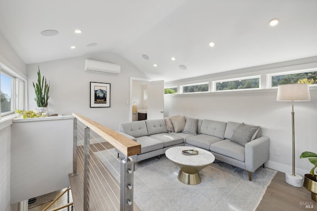35 Bernard St, Mill Valley, CA 94941 - living room featuring a wall unit AC, healthy amount of natural light, wood finished floors, recessed lighting, and vaulted ceiling