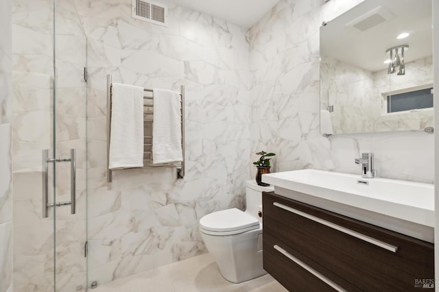35 Bernard St, Mill Valley, CA 94941 - bathroom featuring tile walls, radiator, a stall shower, toilet, and vanity