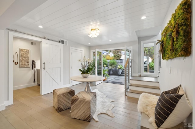 35 Bernard St, Mill Valley, CA 94941 - dining room with a barn door, baseboards, recessed lighting, and light wood finished floors