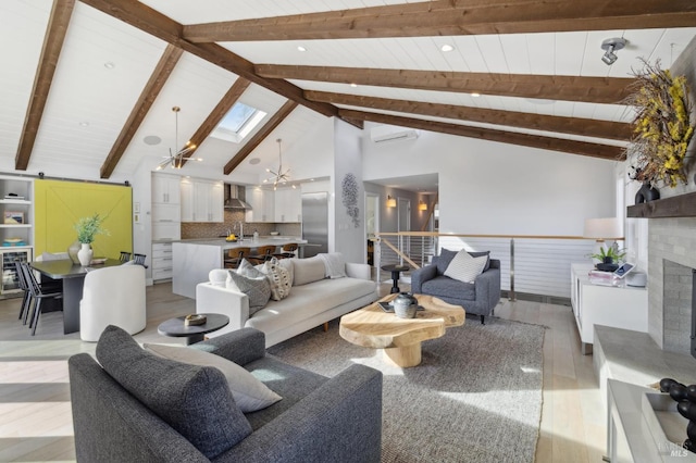 35 Bernard St, Mill Valley, CA 94941 - living room featuring light wood-style flooring, beam ceiling, wainscoting, a skylight, and a wall unit AC