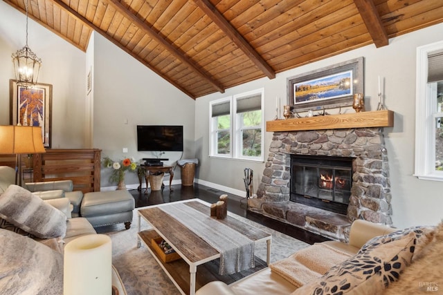 living room with a fireplace, wood finished floors, wooden ceiling, and beam ceiling