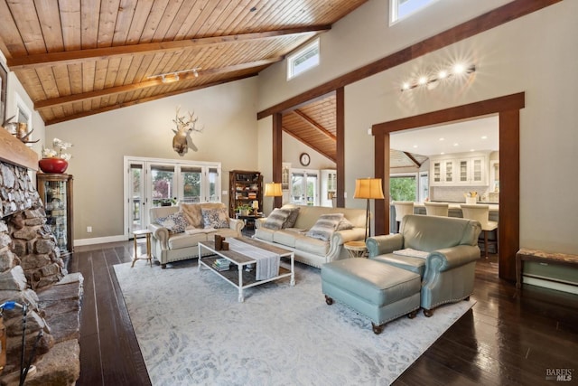 living area featuring beamed ceiling, a healthy amount of sunlight, and wood ceiling