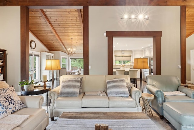 living area featuring wood ceiling, vaulted ceiling with beams, and a notable chandelier