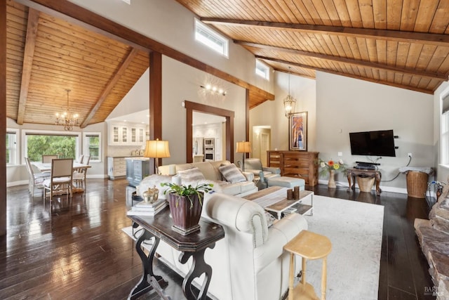 living area with baseboards, a healthy amount of sunlight, a chandelier, and wood ceiling