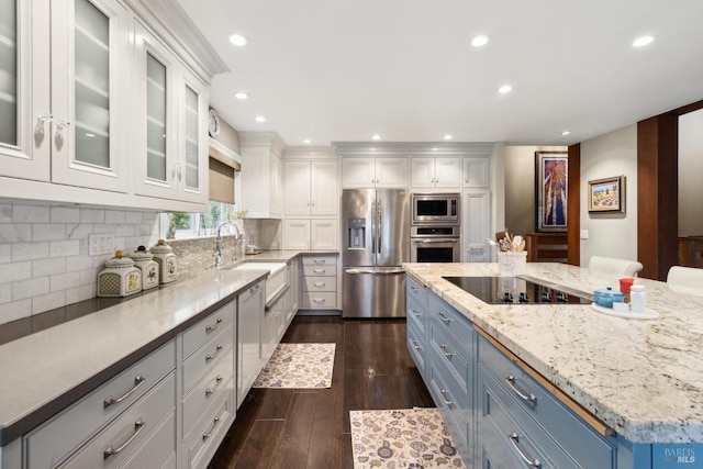 kitchen with white cabinetry, blue cabinetry, stainless steel appliances, dark wood finished floors, and a sink