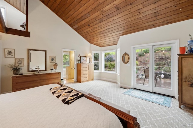 bedroom featuring access to exterior, high vaulted ceiling, carpet floors, wood ceiling, and baseboards