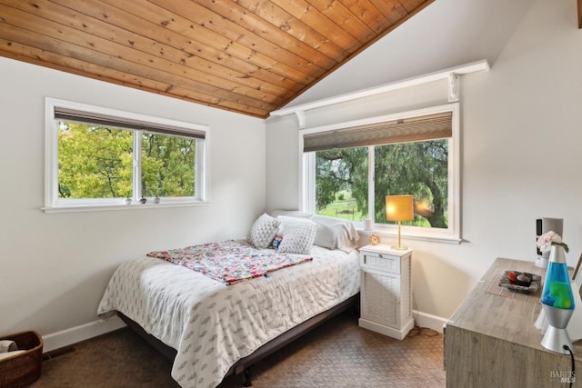 bedroom featuring carpet floors, lofted ceiling, multiple windows, and wood ceiling