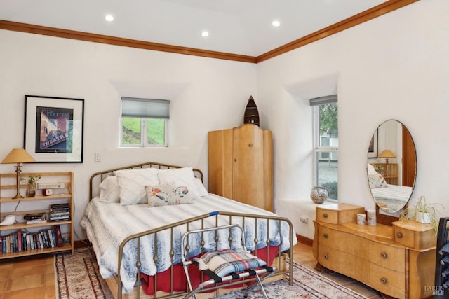 bedroom featuring baseboards, ornamental molding, recessed lighting, and tile patterned flooring