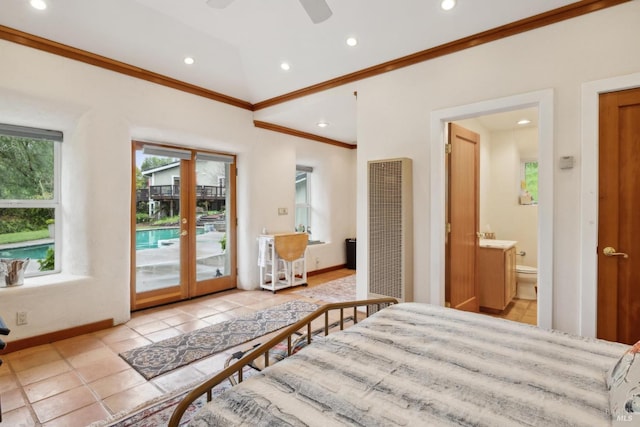 bedroom with baseboards, access to exterior, recessed lighting, and crown molding