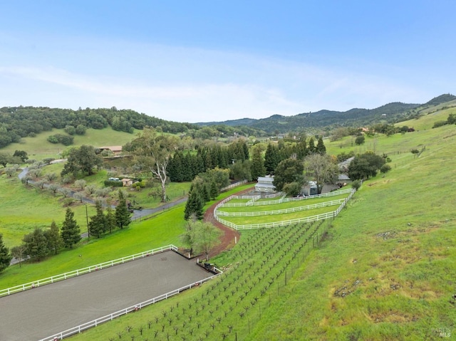 aerial view featuring a mountain view and a rural view
