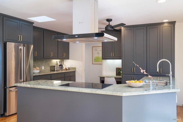 1777 Adams St, Saint Helena, CA 94574 - kitchen with range hood, freestanding refrigerator, a skylight, a sink, and black electric stovetop