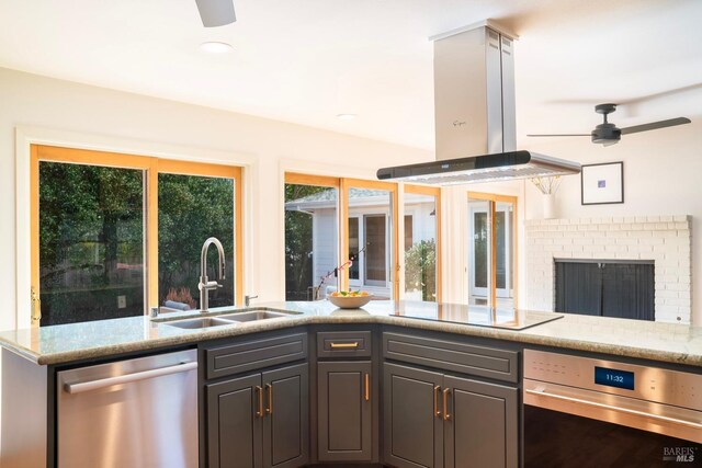 1777 Adams St, Saint Helena, CA 94574 - kitchen featuring ceiling fan, island range hood, a sink, and stainless steel appliances
