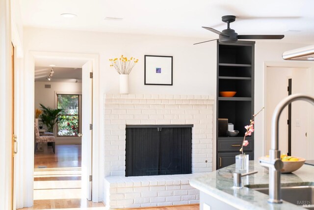 1777 Adams St, Saint Helena, CA 94574 - living room with a ceiling fan and a brick fireplace
