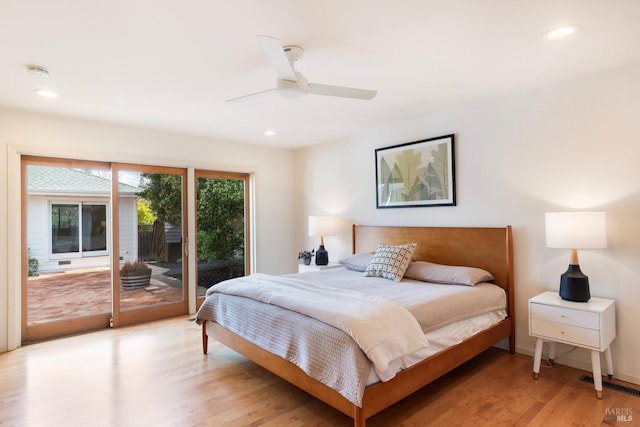 1777 Adams St, Saint Helena, CA 94574 - bedroom featuring light wood-style flooring, a ceiling fan, visible vents, recessed lighting, and access to exterior