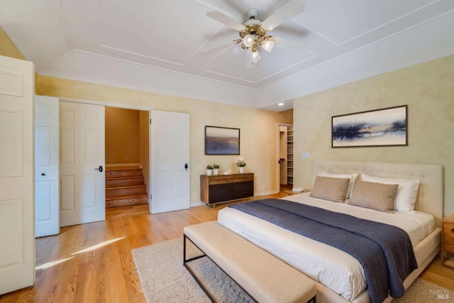 bedroom with a closet, light wood-style flooring, baseboards, ceiling fan, and a spacious closet