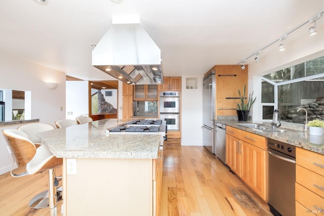 kitchen with light wood finished floors, stainless steel appliances, island exhaust hood, a sink, and a breakfast bar area