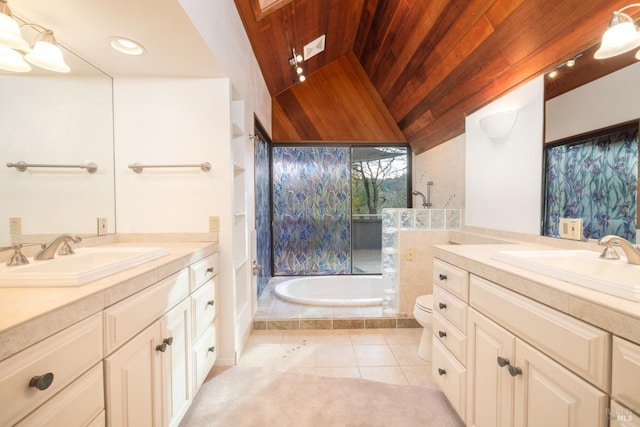 full bathroom with wood ceiling, a bath, tile patterned flooring, and a sink