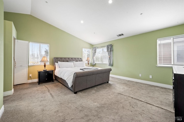 carpeted bedroom featuring baseboards, visible vents, recessed lighting, and lofted ceiling