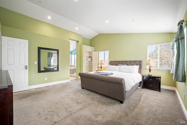 carpeted bedroom with baseboards, recessed lighting, and lofted ceiling