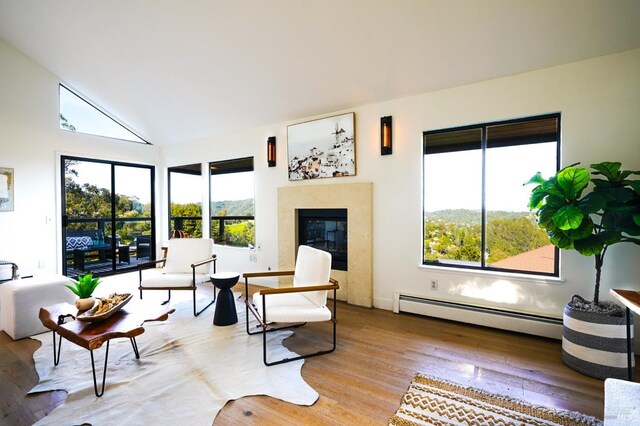 living room with high vaulted ceiling, light wood-style flooring, a glass covered fireplace, and a baseboard radiator