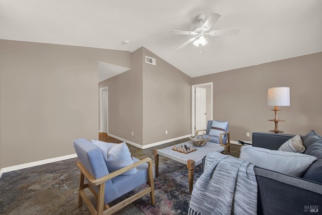 living area featuring baseboards, visible vents, a ceiling fan, and vaulted ceiling