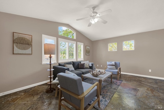 living room with stone finish flooring, baseboards, lofted ceiling, and ceiling fan