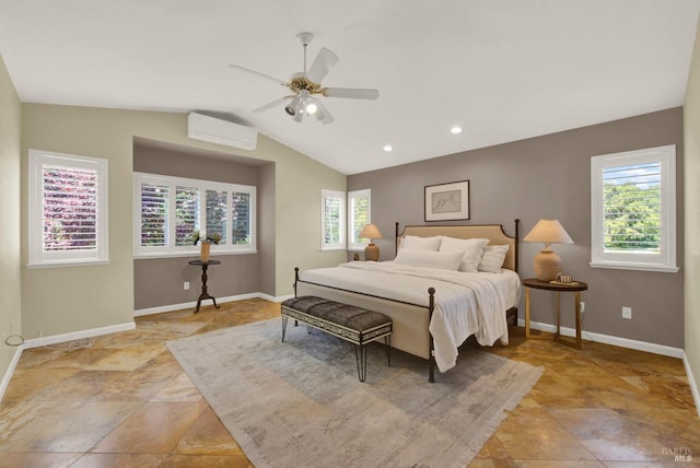 bedroom with a wall unit AC, baseboards, multiple windows, and vaulted ceiling