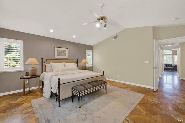 bedroom with visible vents, baseboards, ceiling fan, recessed lighting, and vaulted ceiling
