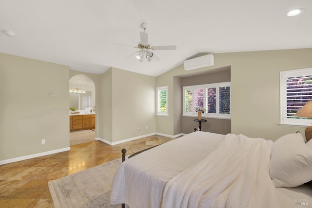 bedroom featuring a wall mounted AC, lofted ceiling, baseboards, arched walkways, and ceiling fan