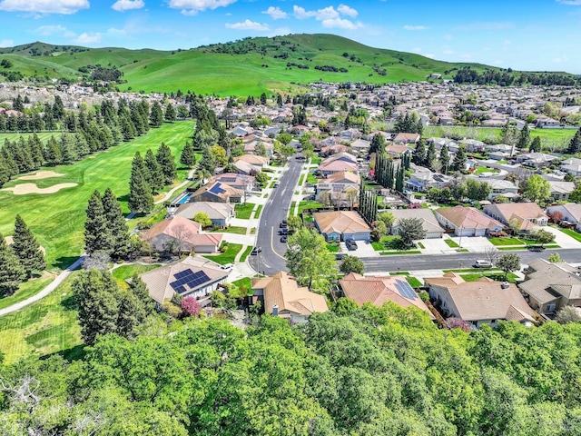 aerial view featuring a mountain view and a residential view