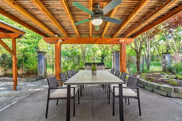 view of patio / terrace with a ceiling fan, a fenced backyard, outdoor dining area, and grilling area
