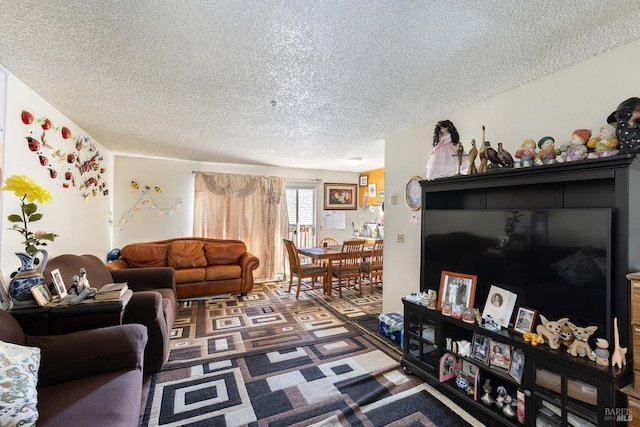 living room with a textured ceiling