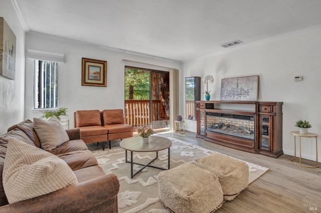 living area featuring wood finished floors, ornamental molding, and visible vents