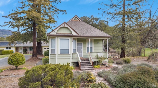 view of front of house with driveway, a shingled roof, and covered porch