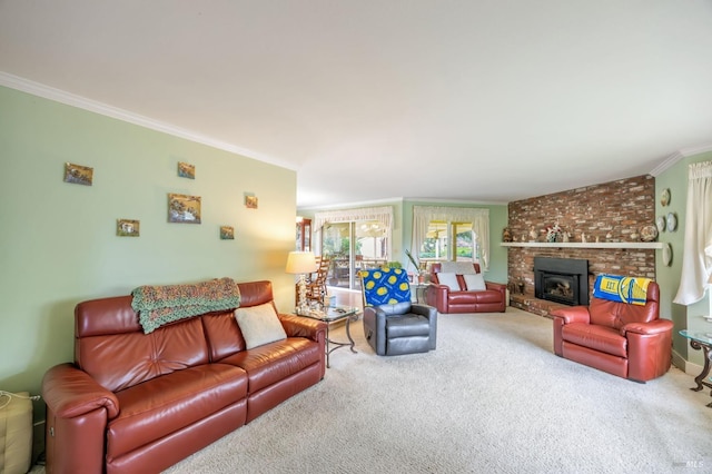 living area featuring carpet floors, ornamental molding, and a fireplace