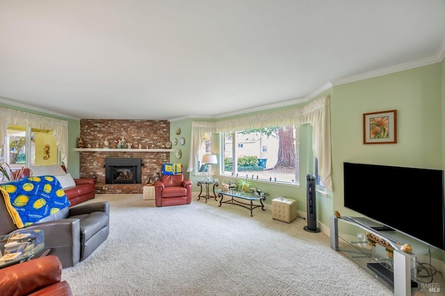 living room with baseboards, ornamental molding, carpet flooring, and a brick fireplace